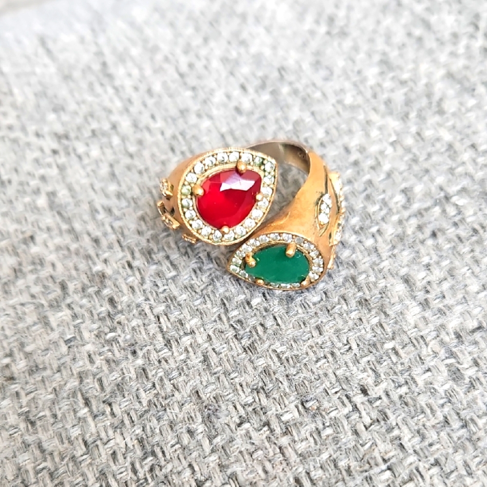 Elegant Gold And 925 sterling Ring with Red and Green Stones